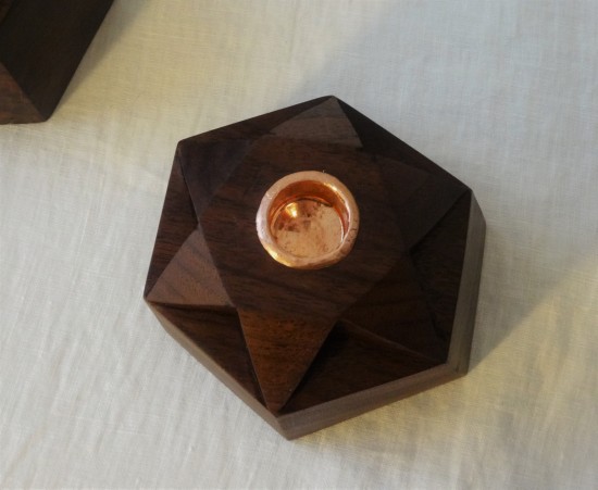 shabbat candlesticks in walnut and copper